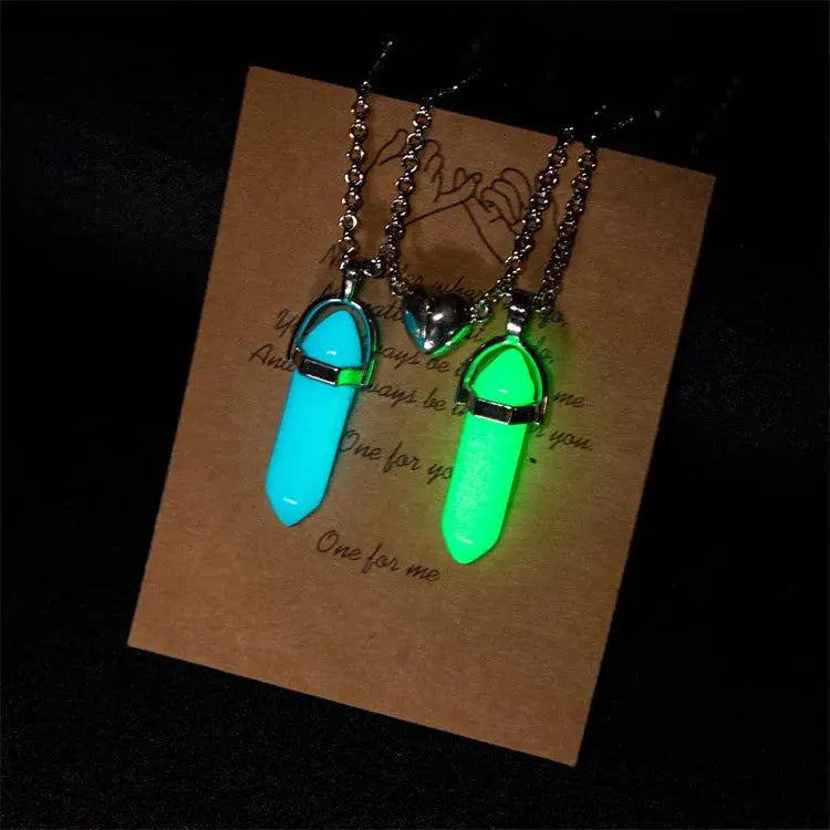 2PCS Luminous Hexagonal Column Couple Magnetic Necklace for Women Romantic Natural Stone Geometric Pendant Astronaut Necklace Smart_Life_Tech
