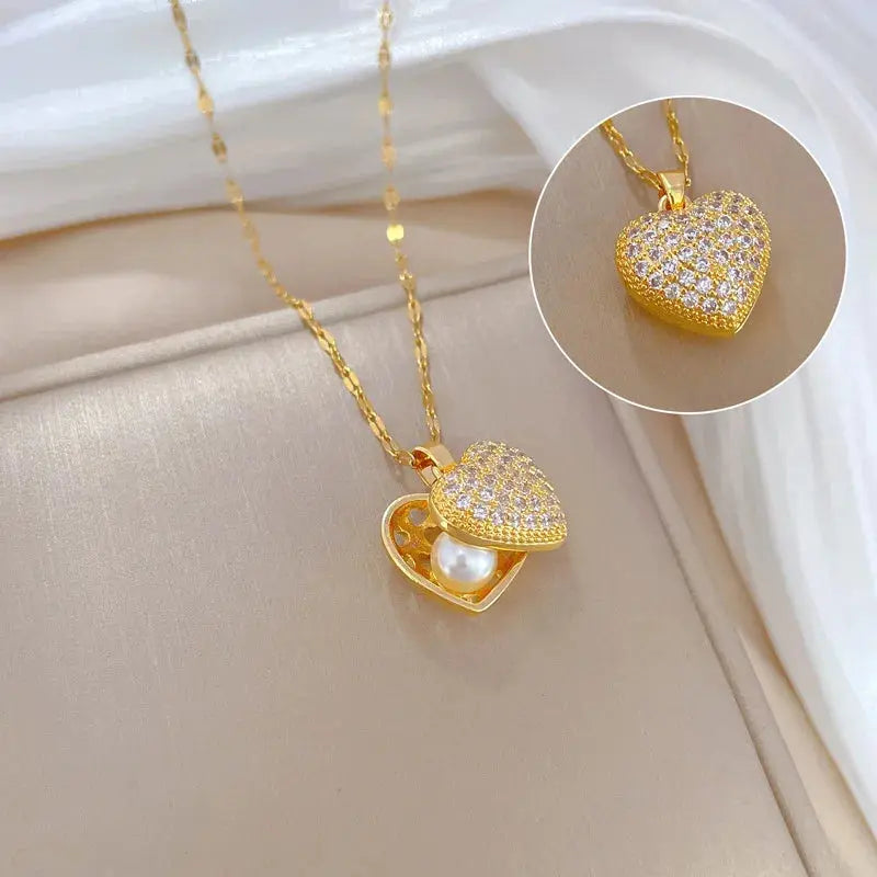 ZAKOL French Shell Pearl Necklace For Women Gold Color Stainless Steel Zircon Love Heart Clavicle Chain Choker Wedding Jewelry Smart_Life_Tech