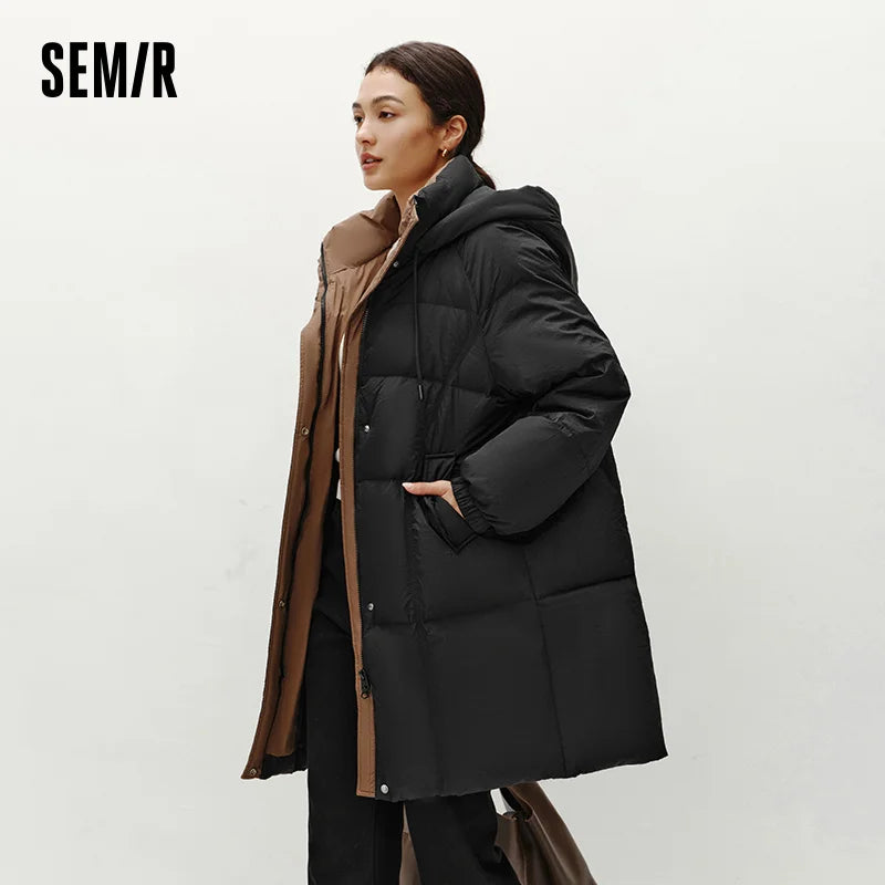 Semir Down Jacket Women Long Length Hooded Black Coat 2025 Winter New Loose Outerwear Fashion Women's down coat