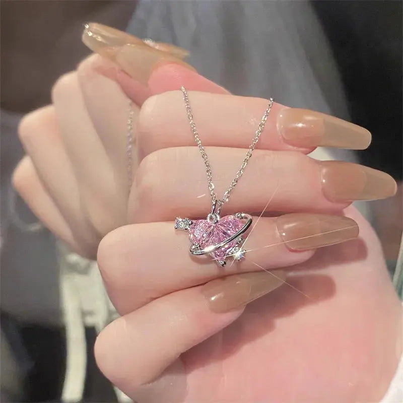 Y2K Pink Planet Heart Zircon Pendant Necklaces Women Fashion Aesthetic Clavicle Chain Necklace Valentines Day Gift Party Jewelry Smart_Life_Tech