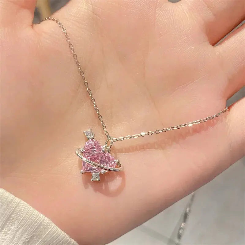 Y2K Pink Planet Heart Zircon Pendant Necklaces Women Fashion Aesthetic Clavicle Chain Necklace Valentines Day Gift Party Jewelry Smart_Life_Tech