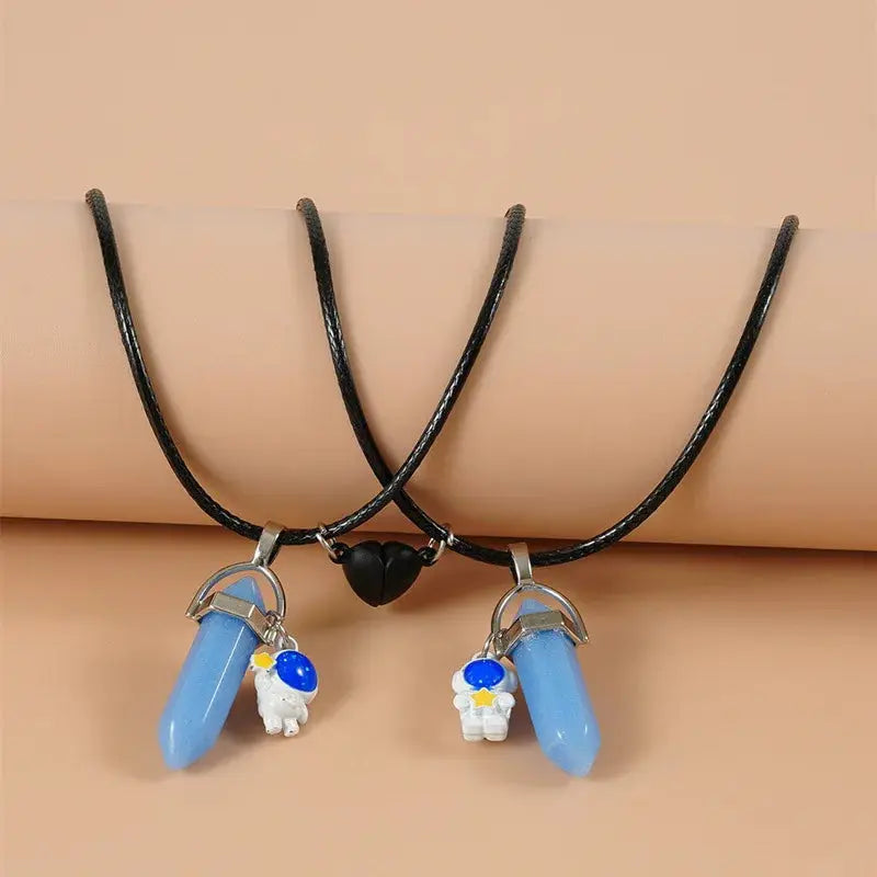 2PCS Luminous Hexagonal Column Couple Magnetic Necklace for Women Romantic Natural Stone Geometric Pendant Astronaut Necklace Smart_Life_Tech