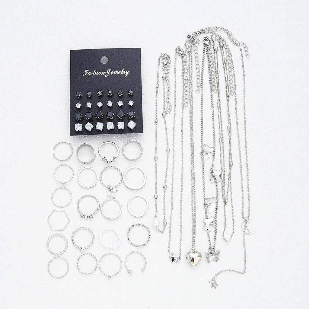 51 Pcs/Set Silver Color Chic Jewelry Set For Women Fashion Butterfly Heart Pearl Necklaces, Earrings, Rings, Match Daily Outfits Smart_Life_Tech