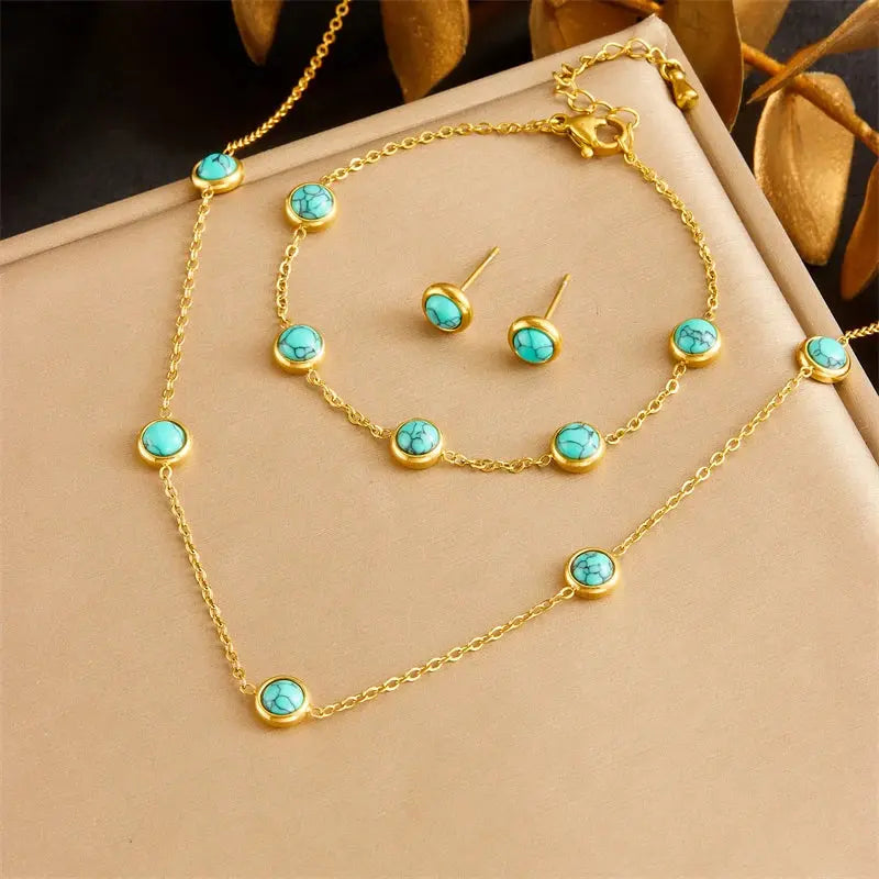 DIEYURO 316L Stainless Steel Round Turquoise Necklace Bracelet Earrings Suit For Womens 2024 New TrendNon-fadingjewelry Set Smart_Life_Tech