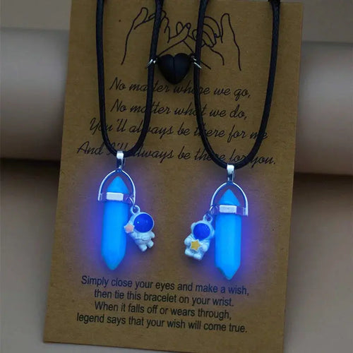 2PCS Luminous Hexagonal Column Couple Magnetic Necklace for Women Romantic Natural Stone Geometric Pendant Astronaut Necklace Smart_Life_Tech