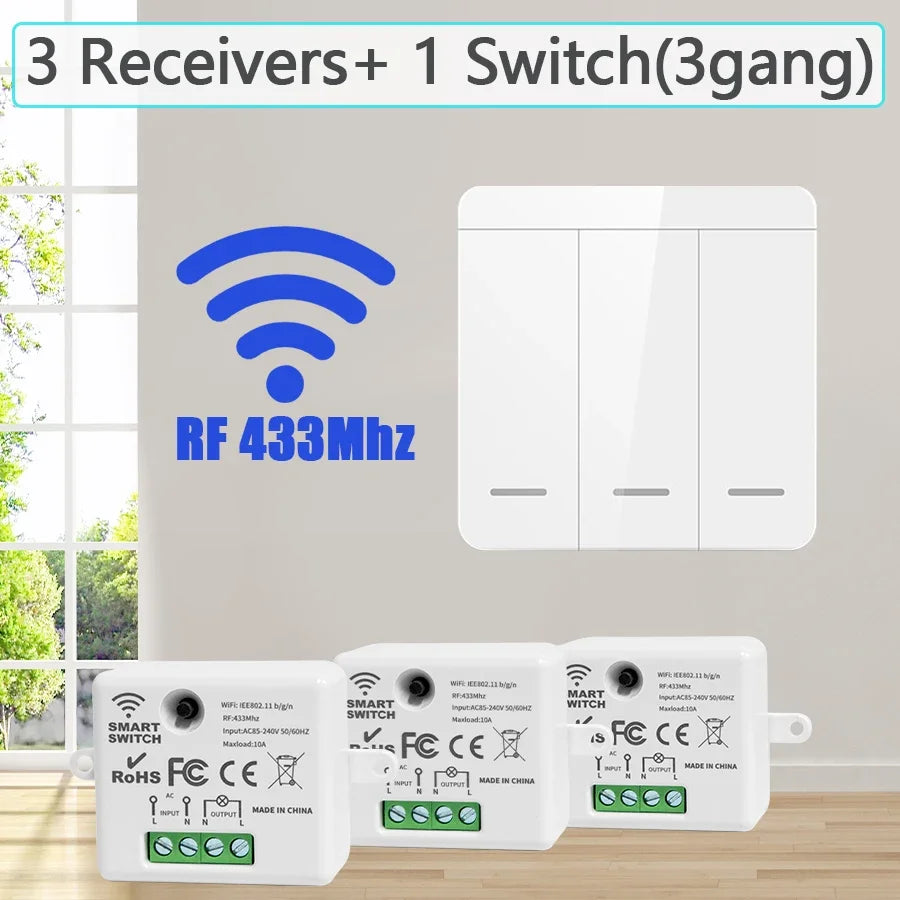 Wireless Smart Light Switch with 1/2/3 Gang RF 433MHz Remote Control Relay Receiver for Led Lamp AC 85-240V 10A DIY Module Smart_Life_Tech