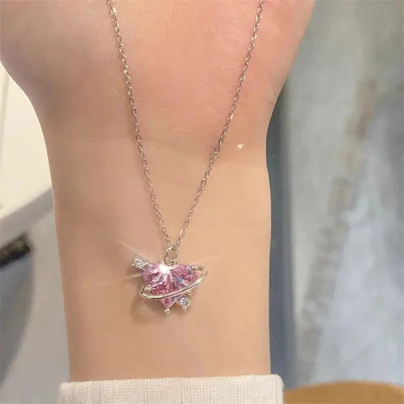 Y2K Pink Planet Heart Zircon Pendant Necklaces Women Fashion Aesthetic Clavicle Chain Necklace Valentines Day Gift Party Jewelry Smart_Life_Tech