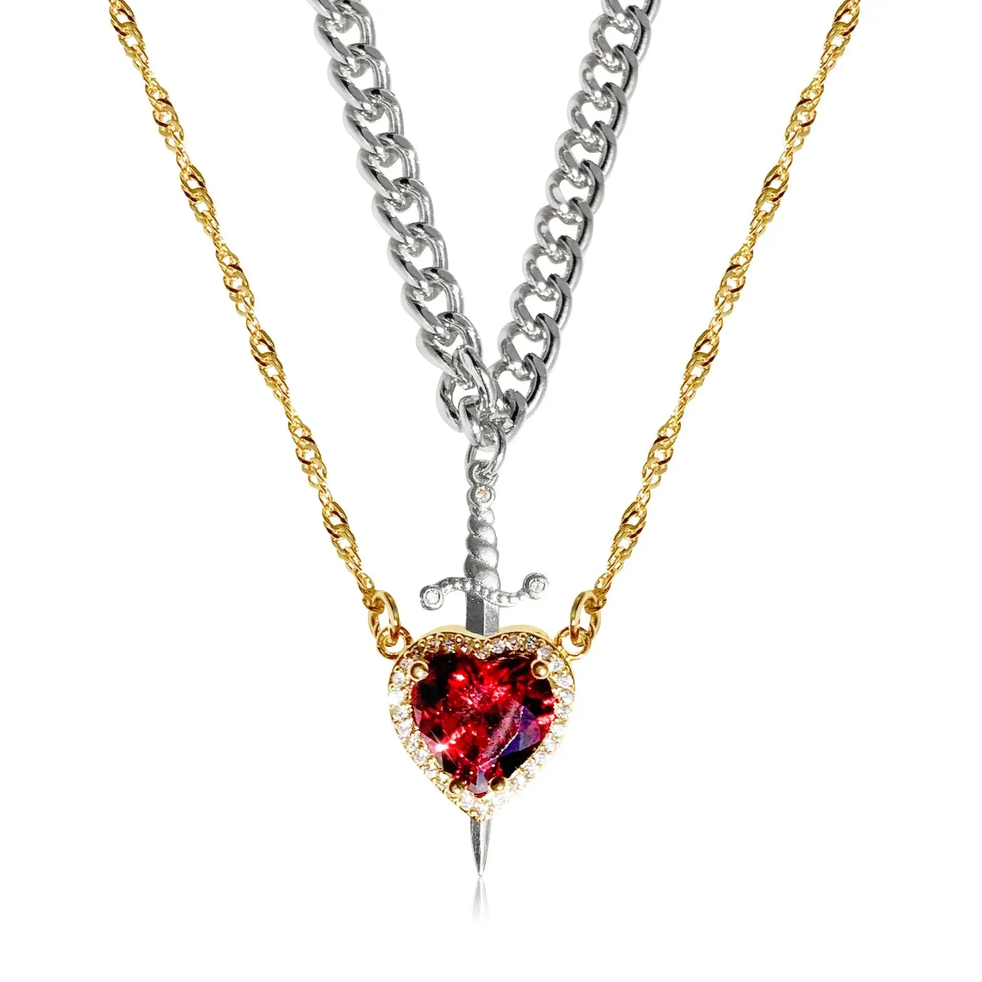 Heart and Sword Necklace Set of 2 - 18K Gold Plated STAINLESS STEEL Crystal Couple Necklaces for Women Men Boyfriend Girlfriend Smart_Life_Tech