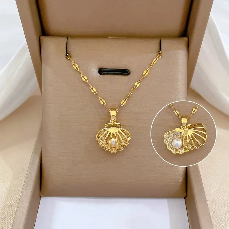 ZAKOL French Shell Pearl Necklace For Women Gold Color Stainless Steel Zircon Love Heart Clavicle Chain Choker Wedding Jewelry Smart_Life_Tech