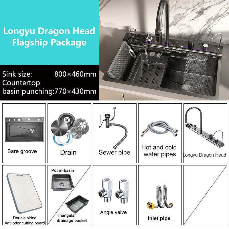 MultiFunction Waterfall Wash Vegetables Basin Stainless Steel Large Single Slot With Smart Digital Display Faucet Kitchen Sink Smart_Life_Tech