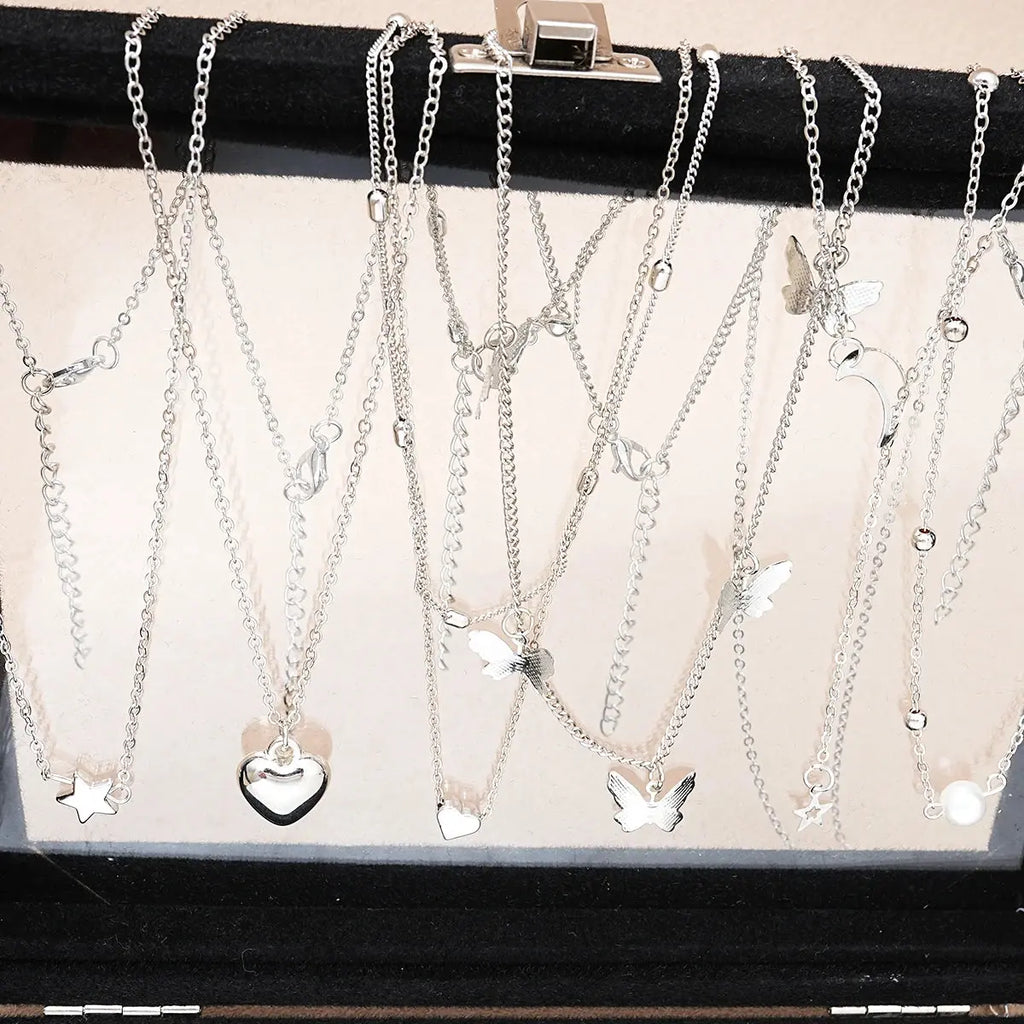51 Pcs/Set Silver Color Chic Jewelry Set For Women Fashion Butterfly Heart Pearl Necklaces, Earrings, Rings, Match Daily Outfits Smart_Life_Tech