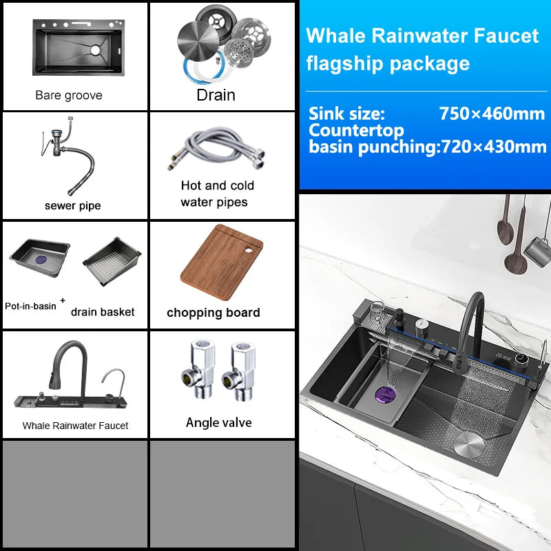 MultiFunction Waterfall Wash Vegetables Basin Stainless Steel Large Single Slot With Smart Digital Display Faucet Kitchen Sink Smart_Life_Tech