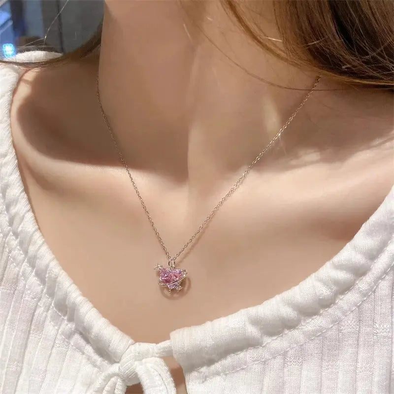 Y2K Pink Planet Heart Zircon Pendant Necklaces Women Fashion Aesthetic Clavicle Chain Necklace Valentines Day Gift Party Jewelry Smart_Life_Tech
