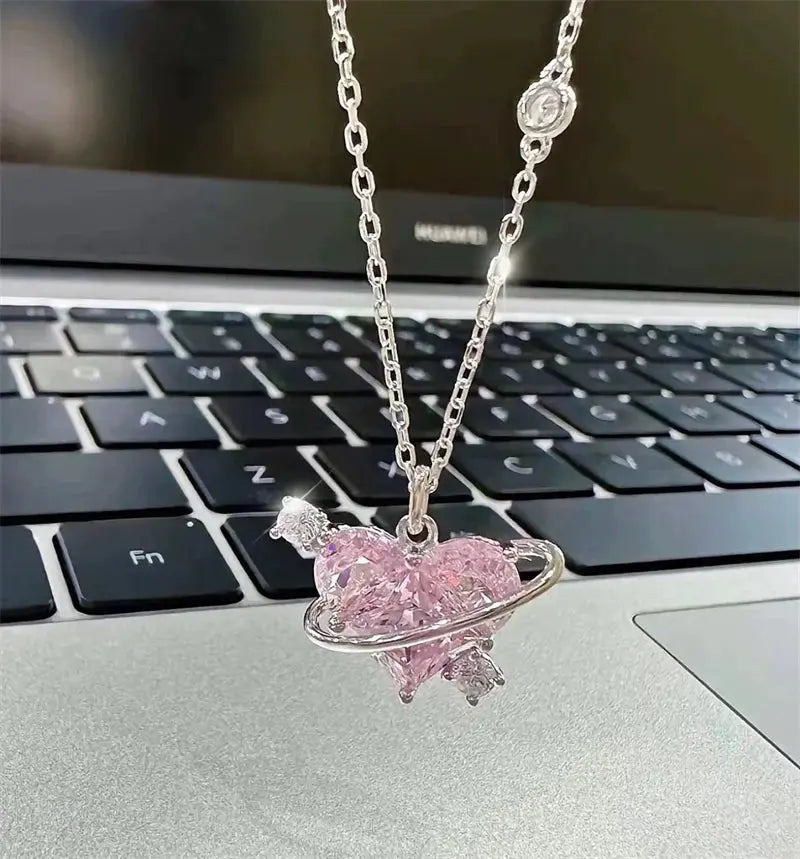 Y2K Pink Planet Heart Zircon Pendant Necklaces Women Fashion Aesthetic Clavicle Chain Necklace Valentines Day Gift Party Jewelry Smart_Life_Tech