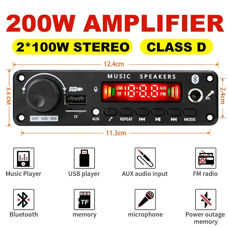 NEW 200W  Amplifier Bluetooth DIY MP3 WAV Decoder Board DC 12V 100W  Wireless Car USB MP3 Player TF Card Slot USB FM with Mic Smart_Life_Tech