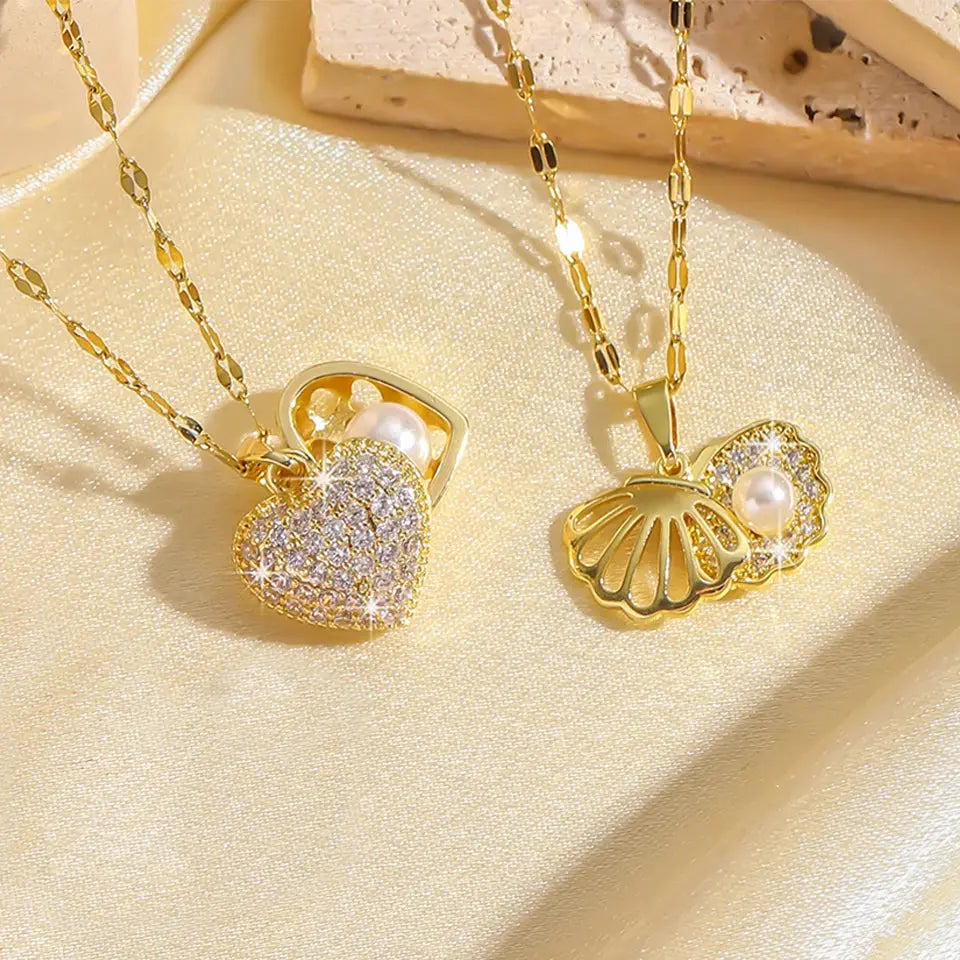 ZAKOL French Shell Pearl Necklace For Women Gold Color Stainless Steel Zircon Love Heart Clavicle Chain Choker Wedding Jewelry Smart_Life_Tech