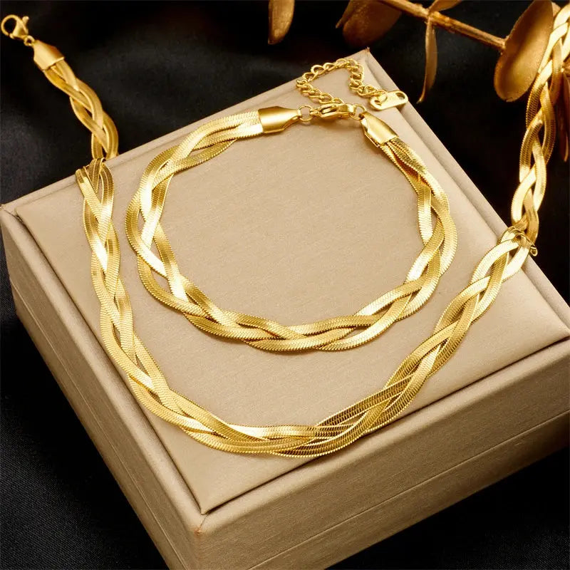 DIEYURO 316L Stainless Steel 3in1 Crossover Snake Chain Necklace Bracelets For Women Girl New Fashion Waterproof Jewelry Set Smart_Life_Tech