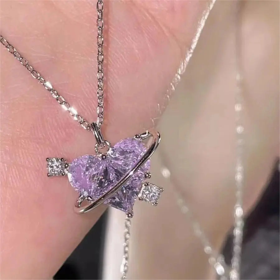 Y2K Pink Planet Heart Zircon Pendant Necklaces Women Fashion Aesthetic Clavicle Chain Necklace Valentines Day Gift Party Jewelry Smart_Life_Tech