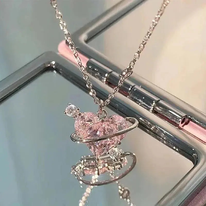 Y2K Pink Planet Heart Zircon Pendant Necklaces Women Fashion Aesthetic Clavicle Chain Necklace Valentines Day Gift Party Jewelry Smart_Life_Tech