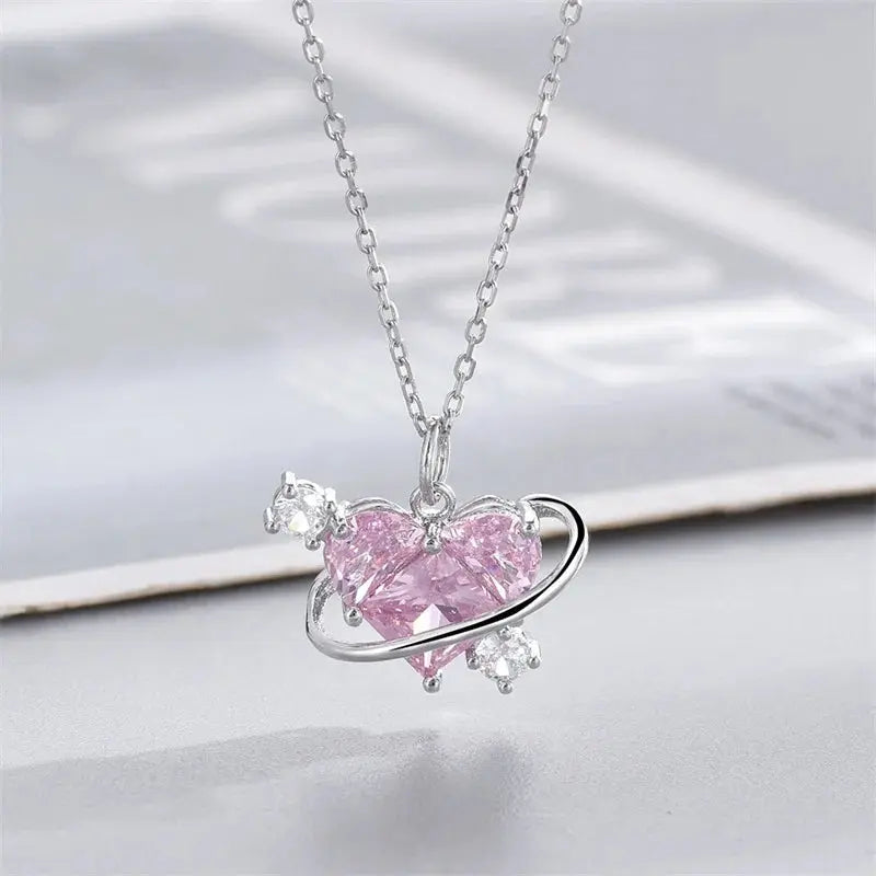 Y2K Pink Planet Heart Zircon Pendant Necklaces Women Fashion Aesthetic Clavicle Chain Necklace Valentines Day Gift Party Jewelry Smart_Life_Tech